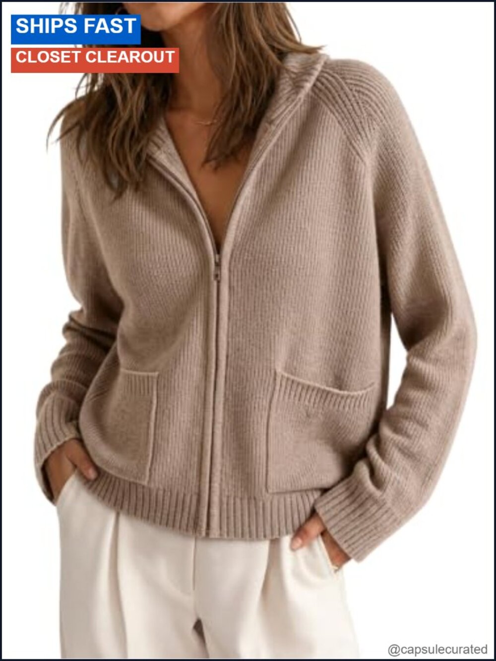 Womens Zip Up Cardigan Chunky Knit Long Sleeve Sweater Coat with Pockets